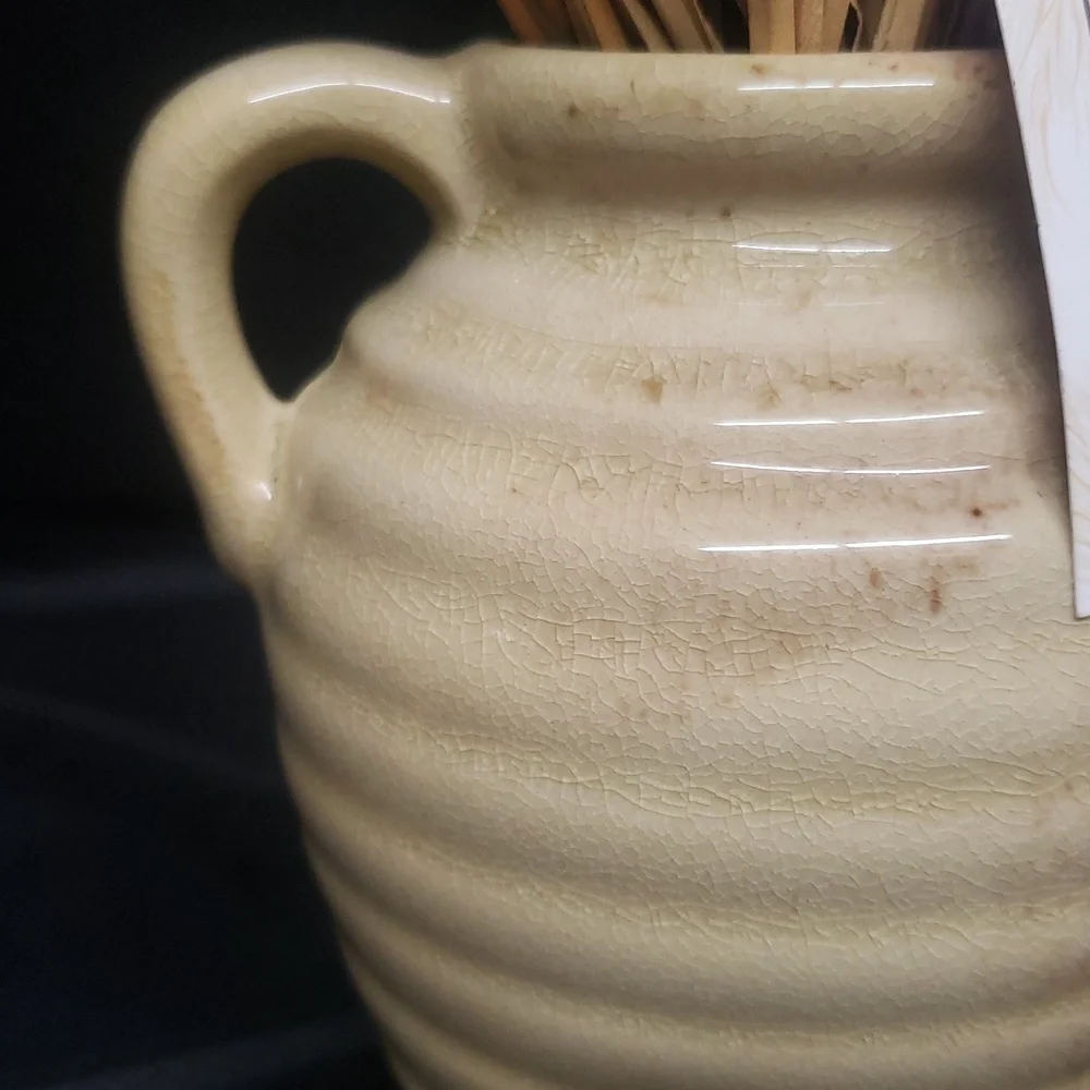 NWT Neutral Tan Crackle Glaze Ceramic Vase with Dried Floral Arrangement